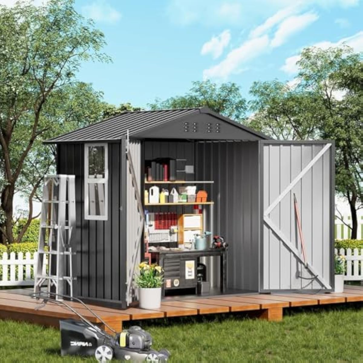Gardening Tools Lawn Mower - Weatherproof Galvanized Steel Shed with Window